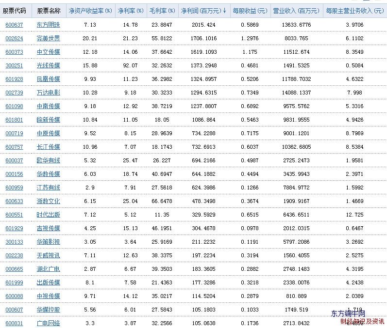 傳媒娛樂凈利潤總表
