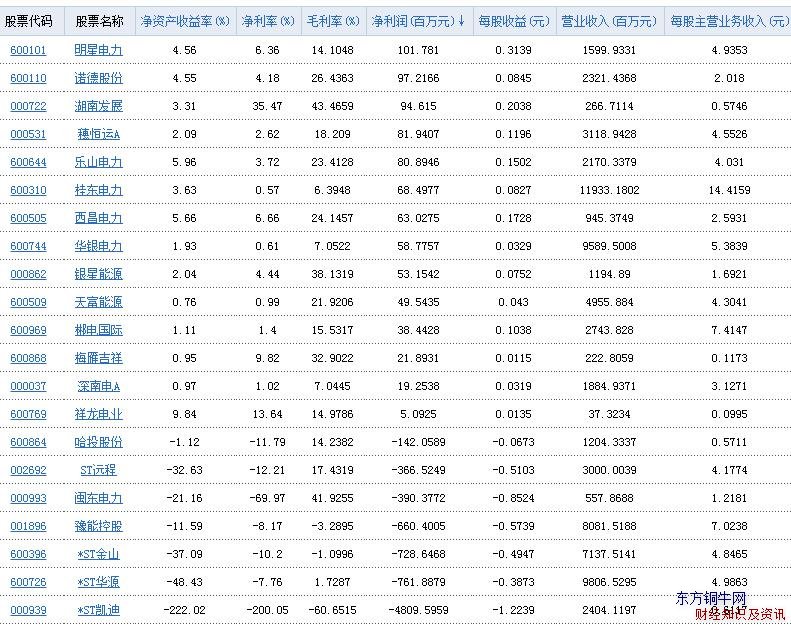電力行業凈利潤表